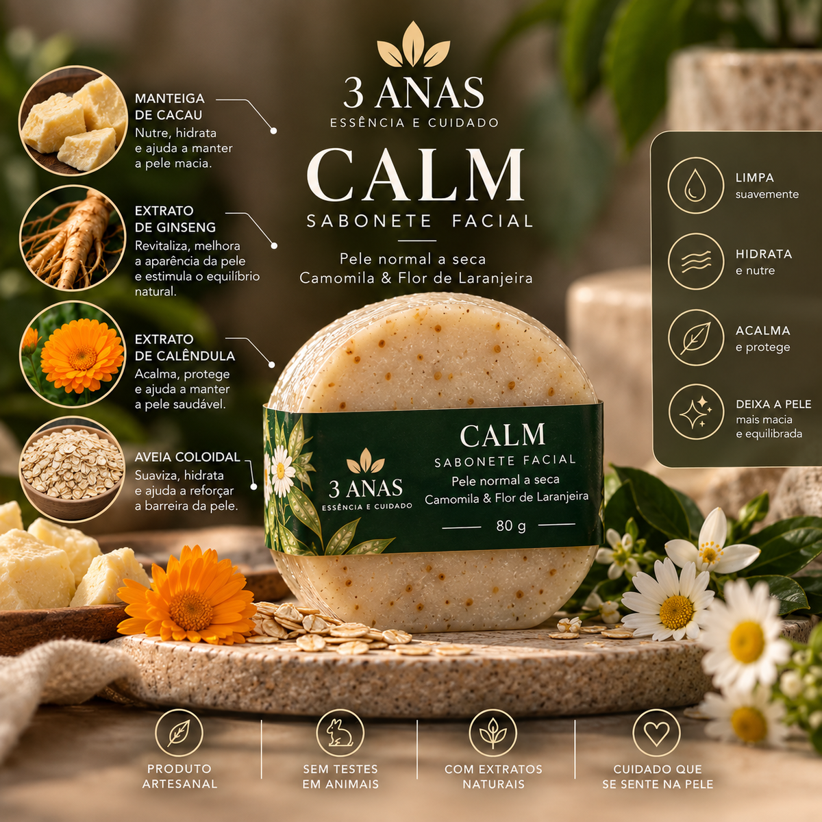 CALM — Sabonete Facial Artesanal para Pele Normal a Seca