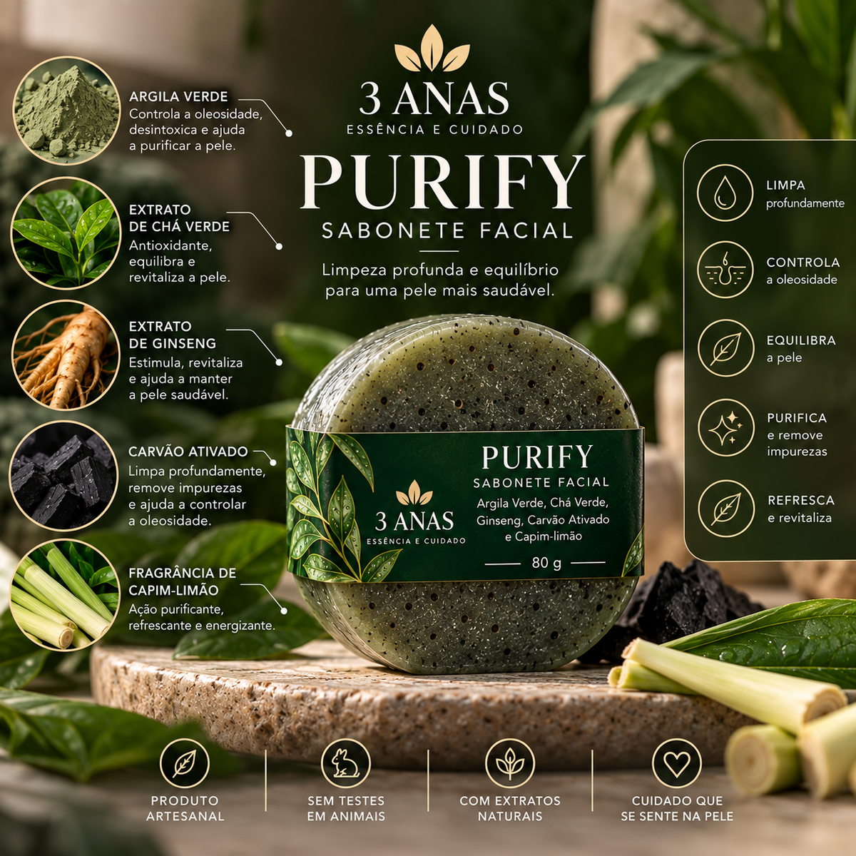 Purify — Sabonete Facial Artesanal para Pele Oleosa e Mista