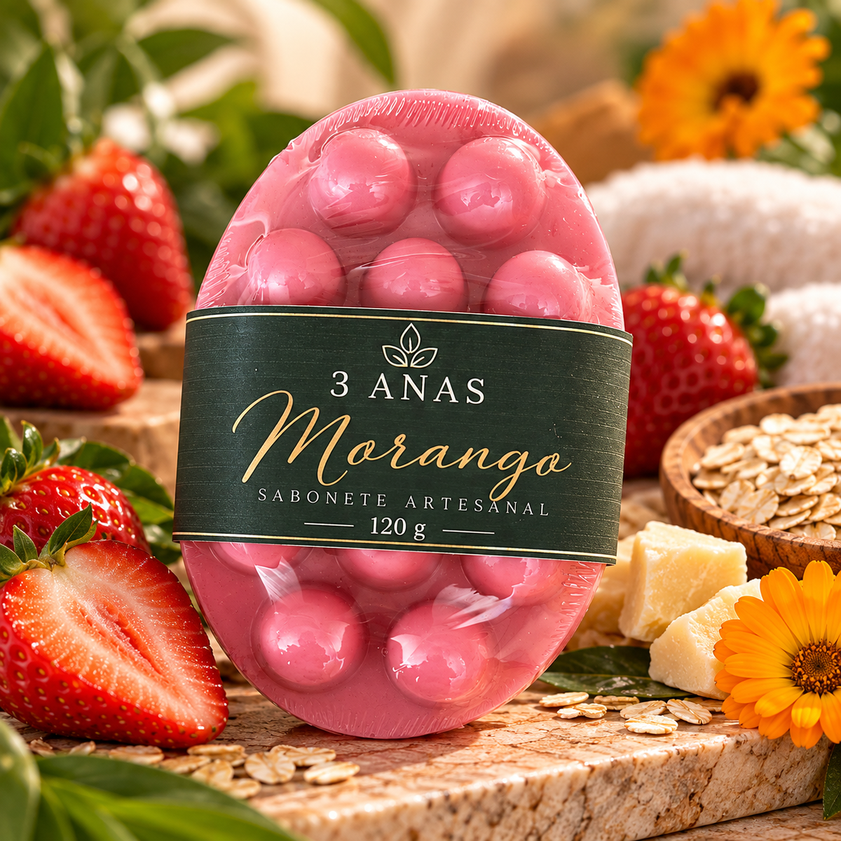 Sabonete Artesanal de Morango — Leite de Cabra & Manteiga de Cacau 120g