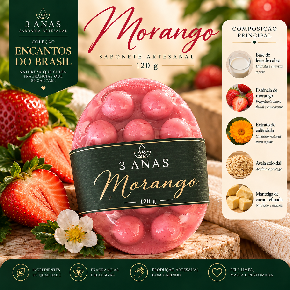 Sabonete Artesanal de Morango — Leite de Cabra & Manteiga de Cacau 120g