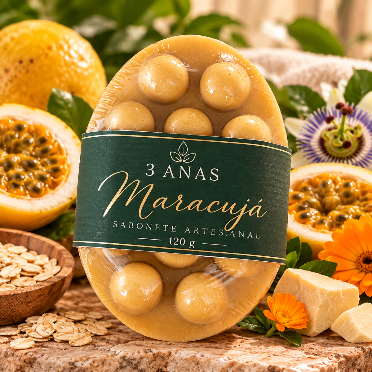 Sabonete Massageador Artesanal de Maracujá — Leite de Cabra & Manteiga de Cacau 120g
