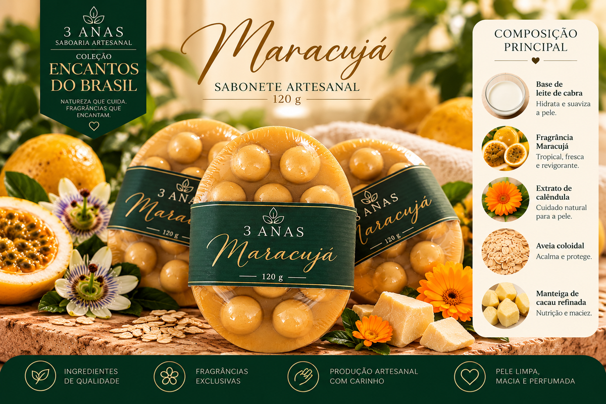 Sabonete Massageador Artesanal de Maracujá — Leite de Cabra & Manteiga de Cacau 120g