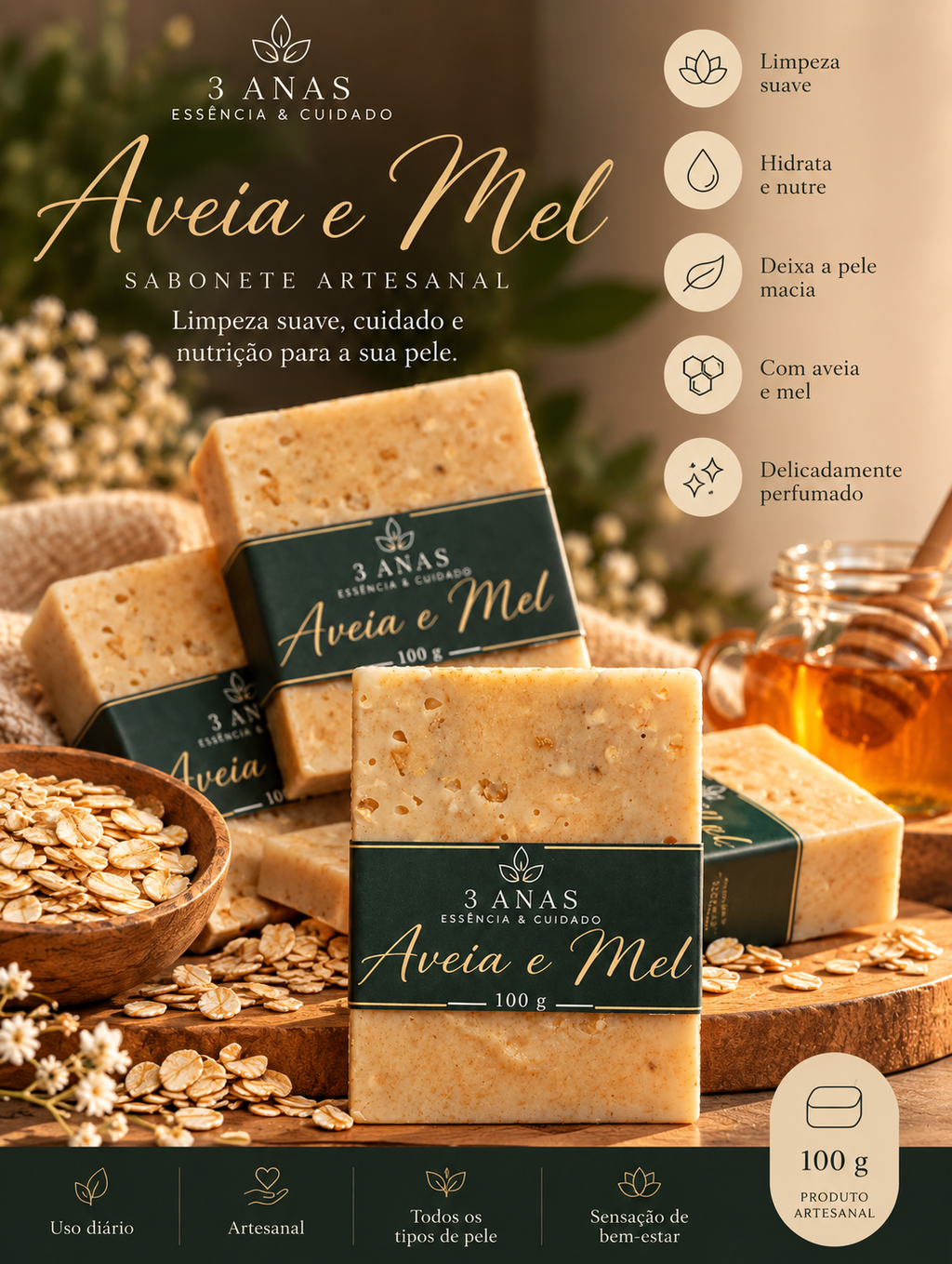 Sabonete corporal artesanal aveia e mel 100 g